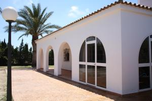 a white building with a palm tree in the background at Villa Ana in Zahora