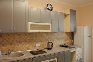 eine Küche mit einer Spüle und einer Mikrowelle in der Unterkunft Апартаменты на Каблукова in Kiew