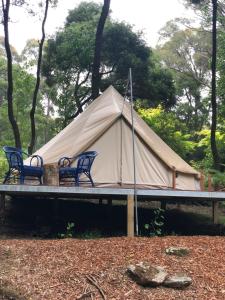 a tent with two chairs sitting on a wooden platform at Garden Beds Glamping in Blackwood
