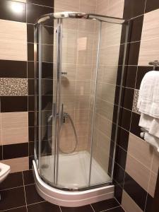 a shower with a glass door in a bathroom at cozy apartments in Truskavets