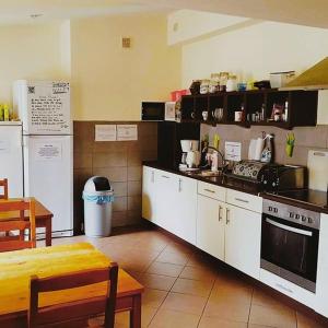 cocina con fogones, nevera y mesa en Jopi Hostel Katowice Centrum, en Katowice