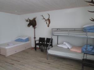 a bedroom with two bunk beds with antlers on the wall at Kihelkonna Jahimaja majutus in Kihelkonna