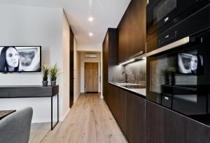 a kitchen with black cabinets and a sink at City Center loft 2 in Kaunas