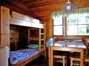 sypialnia z 2 łóżkami piętrowymi w drewnianym domku w obiekcie Camping Toivolansaari w mieście Ikaalinen