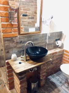 ein Bad mit einem Waschbecken und einem Spiegel in der Unterkunft Hotel Sokolský Dům in Domažlice