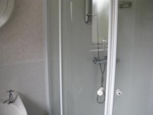 a shower with a glass door in a bathroom at Greenfield Cottage in Thrumster +5 photos