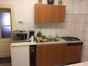 una cocina con microondas y fregadero en Iony Apartament, en Sibiu 2 fotos más