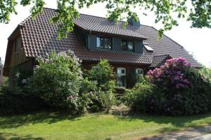 a house with a red roof and some bushes at Ferienwohnung Sannhoff in Schneverdingen