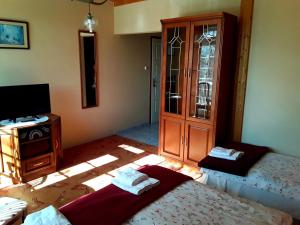 a room with two beds and a television and a desk at Villa Hedi Panzió in Dunakiliti