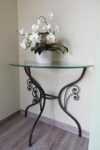 een glazen tafel met een vaas met bloemen erop bij t Sutterhuisje, zalig slapen aan het Donkmeer in Donk