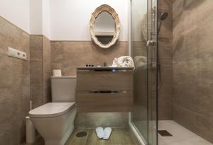 a bathroom with a toilet and a shower and a mirror at Hostal Boutique Plaza Cantarero in Nerja