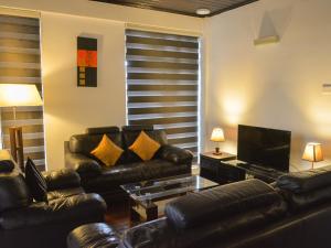 sala de estar con muebles de cuero y TV de pantalla plana en Panoramic Holiday Apartment / Seagull Complex | Nuwara Eliya, en Nuwara Eliya