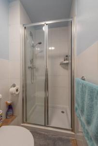 a shower with a glass door in a bathroom at Brucefield Avenue in Dunfermline