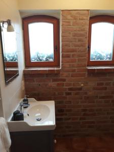 ein Badezimmer mit einem weißen Waschbecken und zwei Fenstern in der Unterkunft An den Elbwiesen Gästezimmer "Weißstorch" Nur Nichtraucher in Greudnitz