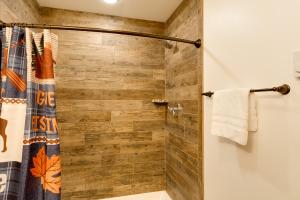 a bathroom with a shower with a shower curtain at Cobble Mountain Lodge in Lake Placid