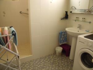 a bathroom with a washing machine and a sink at Maison De Vacances in Blondefontaine +5 photos