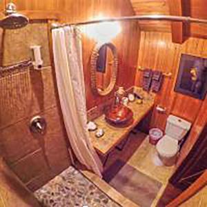 a small bathroom with a shower and a sink at Wedgwood Manor and Glamping Retreat in Crawford Bay