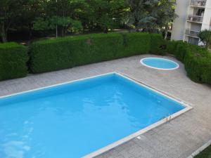 a blue swimming pool with a frisbee next to a hedge at Chambre d'hôtes dans Résidence in Dijon