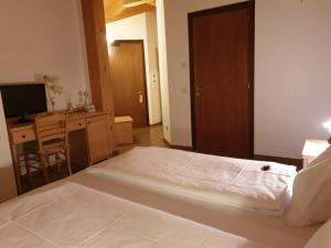 Schlafzimmer mit einem Bett, einem Schreibtisch und einem TV in der Unterkunft Hotel Chalet Giasenei in Sagron Mis