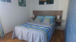 1 dormitorio con 1 cama con sábanas azules y almohadas verdes en Joli villa que du bonheur en Calenzana