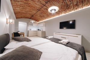 1 Schlafzimmer mit 2 Betten und einem TV an der Wand in der Unterkunft Platan Apartments - Ground Floor - Studencka 25 Street in Krakau