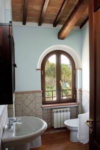 a bathroom with a sink and a toilet and a window at Il vecchio seccatoio in Solomeo