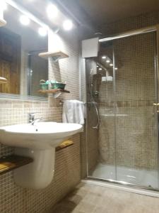 a bathroom with a sink and a glass shower at APARTAMENTOS MELCHOR DE LIÑAN in Torrelaguna