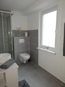 a bathroom with a toilet and a window at Apartement “Heckeresje“ in Pfungstadt