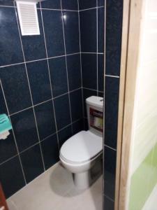 een badkamer met een toilet in een blauwe betegelde muur bij Pershyy Hostel u Cherkasah in Tsjerkasi