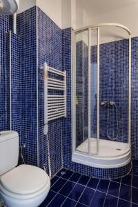 y baño de azulejos azules con aseo y ducha. en Tsimiski double suites #8, en Tesalónica