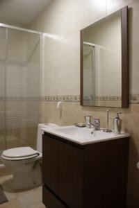 een badkamer met een wastafel, een toilet en een spiegel bij Apartamento Espacioso frente al Corte Ingles con plaza de garaje gratis - VU75 in Salamanca