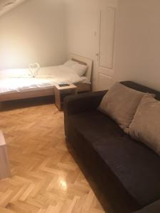 ein Wohnzimmer mit einem Sofa und einem Bett in der Unterkunft Ibis Apartment in Novi Sad