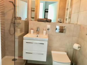 uma casa de banho com um lavatório, um WC e um espelho. em Apartament Antoniny em Leszno