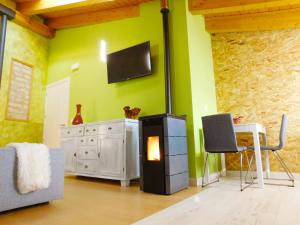 sala de estar con estufa de leña y TV en Apartamento Ribera del Duero Reserva, en Tubilla del Lago