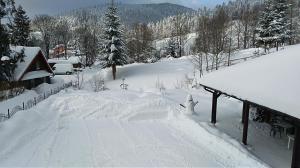 un patio cubierto de nieve junto a una casa en Dom "Honorat", Kamianna 70, 33-336 en Kamianna