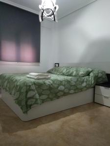 a bedroom with a bed with a green comforter at Piso Almería playa in Almería