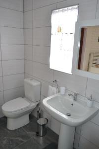 a white bathroom with a toilet and a sink at Apple Orchard Cottage in Harrismith