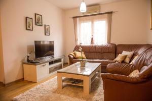 uma sala de estar com um sofá e uma televisão em Central Place em Trebinje