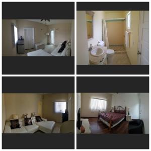 four different pictures of a bathroom and a room at De Alamo hostel in Rosarito