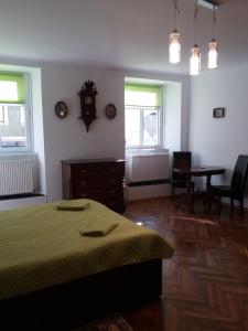 - une chambre avec un lit, une table et deux fenêtres dans l'établissement Charming downtown studio, à Braşov