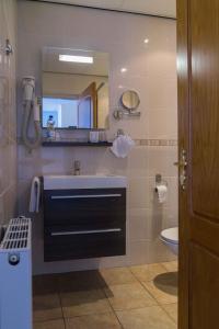 a bathroom with a sink and a mirror and a toilet at Hotel de Gulden Leeuw in Workum