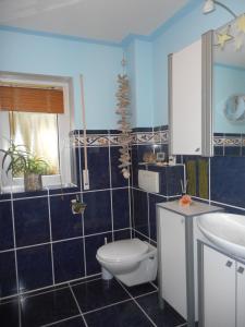 Baño de azulejos azules con aseo y lavamanos en Casa Ramke, en Eitorf
