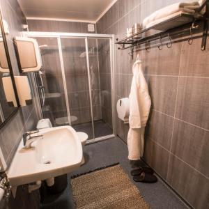 a bathroom with a sink and a shower and a toilet at Coal Miners’ Cabins in Longyearbyen