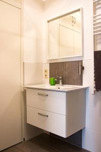 W łazience znajduje się biała umywalka i lustro. w obiekcie Espelkamp Gästehaus w mieście Espelkamp