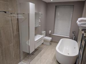 a bathroom with a shower and a toilet and a sink at Lion House Bed & Breakfast with Restaurant in Combe Martin