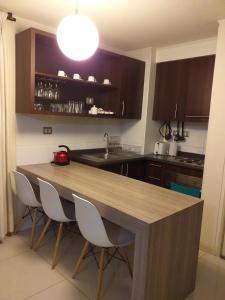 a kitchen with a wooden counter top in a kitchen at Apartamento Alemania in Temuco