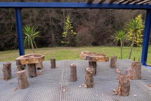 deux bancs en bois assis sous un auvent avec des arbres dans l'établissement Quinta São José - Museu do Triciclo, à Mesão Frio