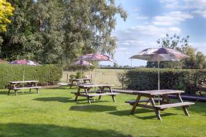 um grupo de mesas de piquenique com guarda-chuvas na relva em The Shoulder Of Mutton Inn em Hamstall Ridware