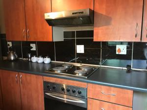 een keuken met een kookplaat, een oven en houten kasten bij Contemporary Stay at Giraffe Cottage in Benoni