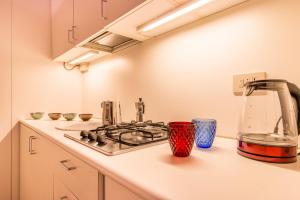 een keuken met een fornuis en een aanrechtblad bij Fenice Backstage over Canal in Venetië